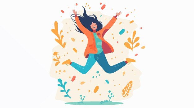 Vector young woman jumping up flat style cartoon vector illustration