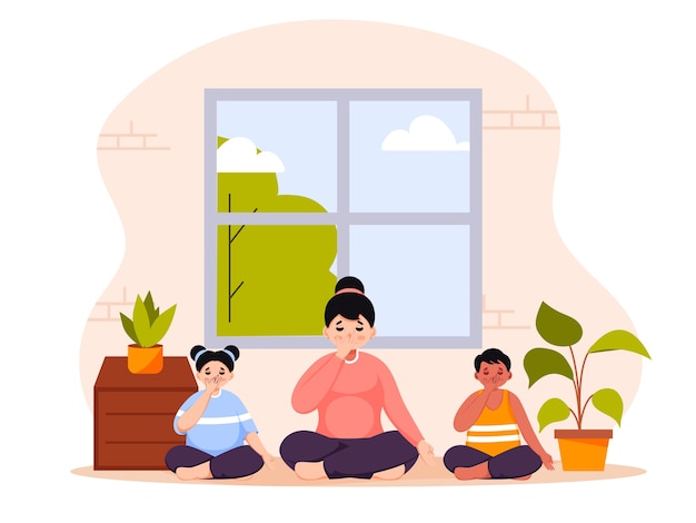 Young Woman and Kids Doing Alternate Nostril Breathing Yoga at Home.