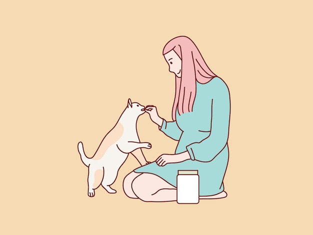 Young woman kneeling on floor feeding to her cat korean simple style illustration