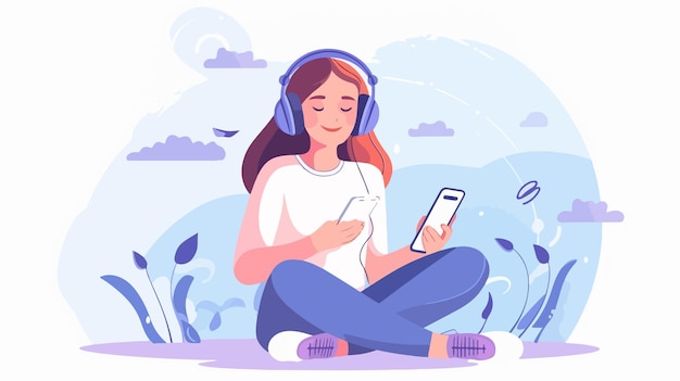 Vector young woman listening to podcast on smartphone