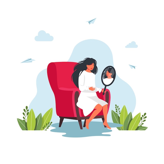 Young woman looking at herself in mirror sitting on a chair. Girl looking herself reflection in mirror. Smiling girl looking at herself in mirror. reflection concept. Vector illustration