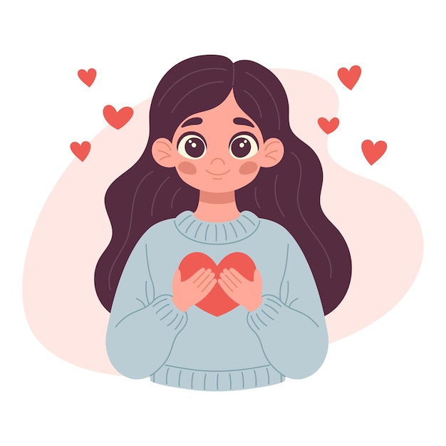 Young woman lovingly embracing a red heart Positive body and mental health concept Holding heart t