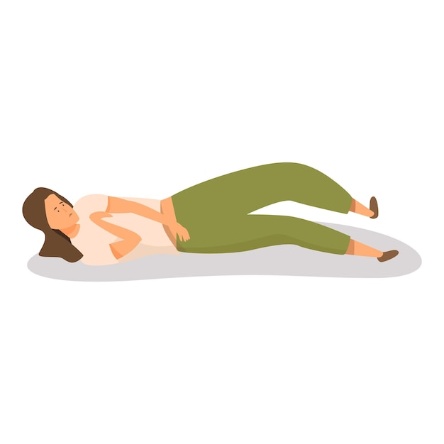 Vector young woman lying down suffering from stomach pain