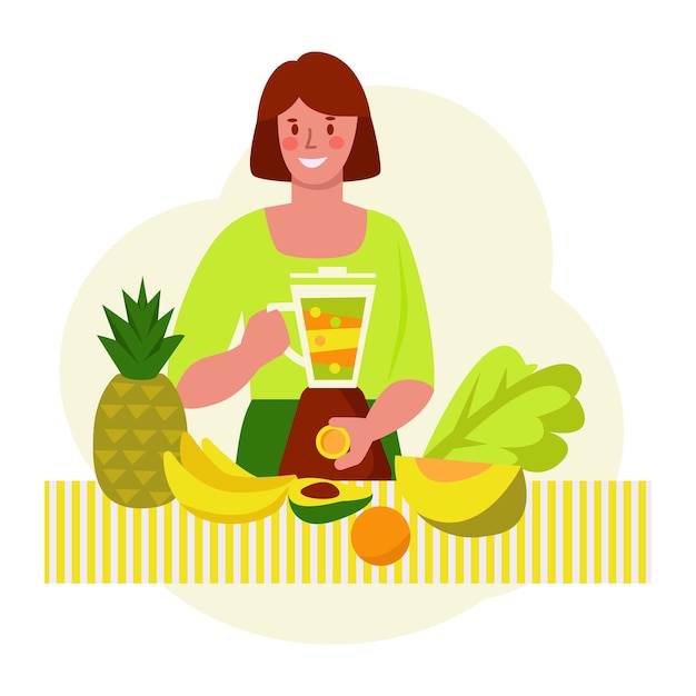 Young woman makes a smoothie. Healthy food vector concept. Flat style.