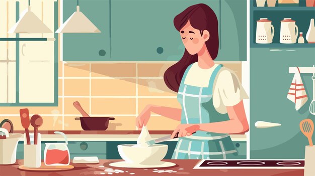 Vector young woman making dough for pancakes