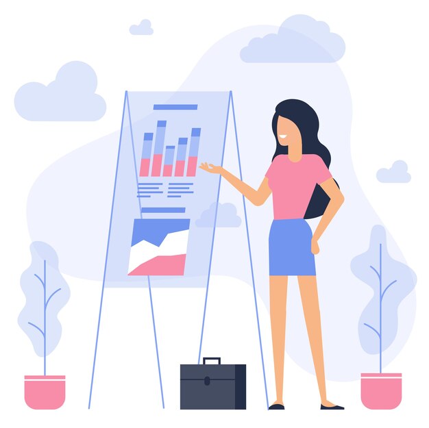 Vector young woman making presentation at the board with charts and diagrams flat design creative modern business concept