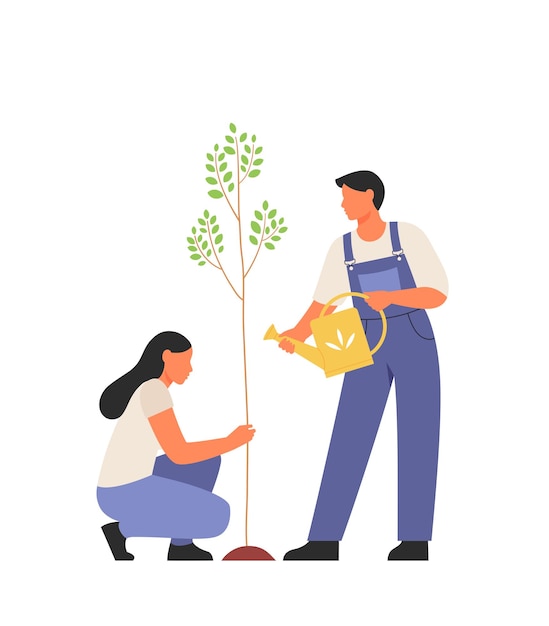 Young woman and man are planting and watering a tree People care about the environment