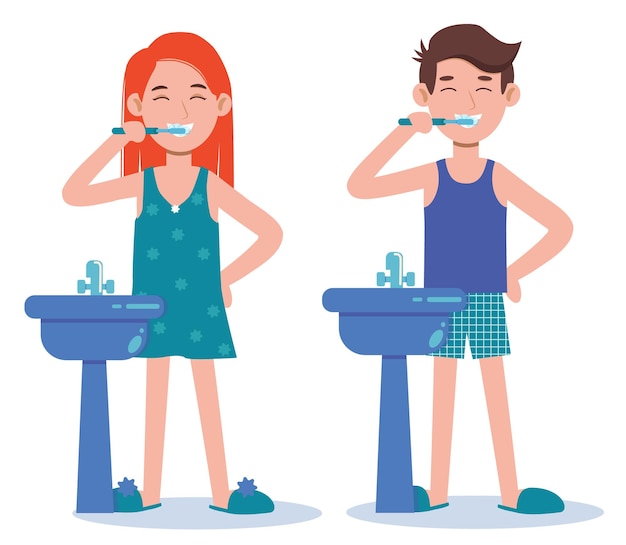 Young woman and man brushing teeth in a bathroom. Oral hygiene, care of dental health.