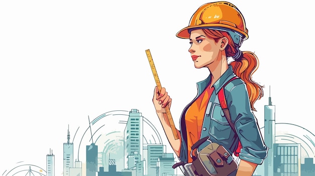 Vector young woman mechanic with ruler in hand against city