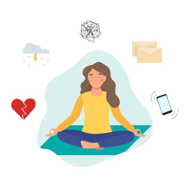 Young woman meditate for mental health. Flat illustration