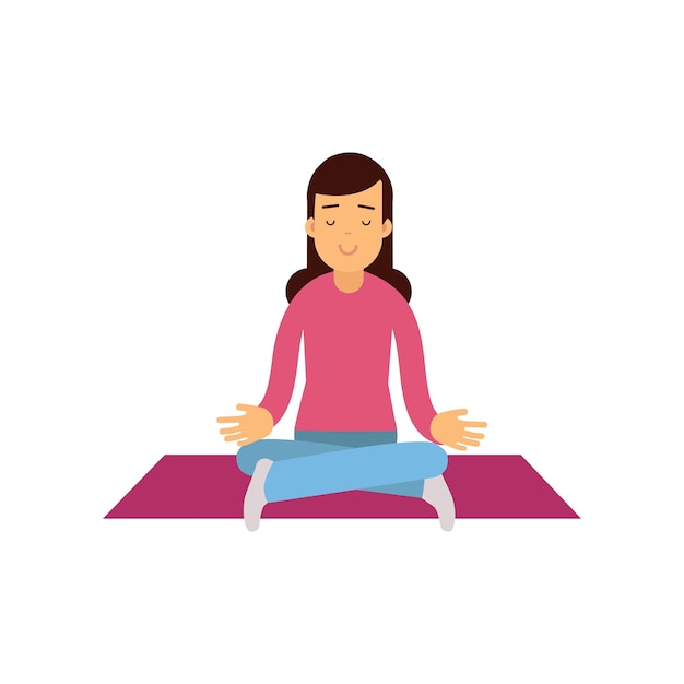 Young woman meditating with closed eyes and crossed legs Meditation and relaxation practice Female sitting in lotus yoga pose Cartoon flat style girl character vector illustration isolated on white