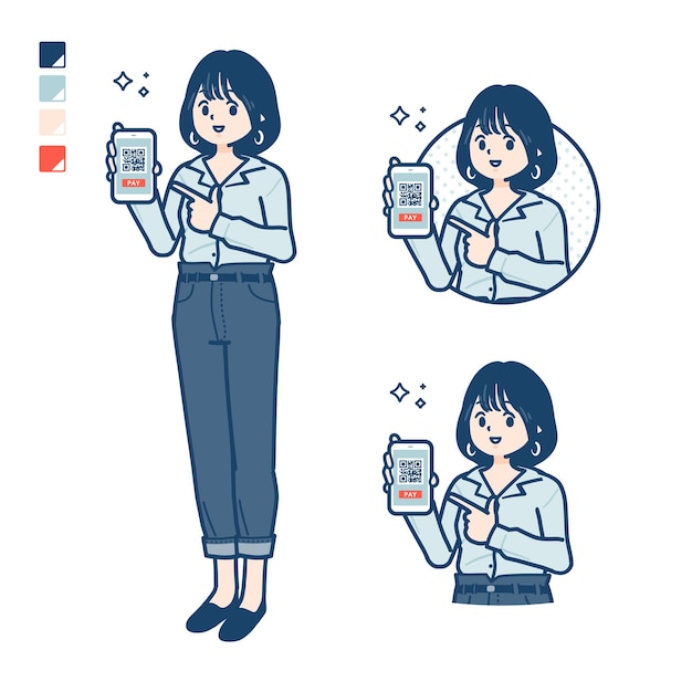 Young woman in an opencollared shirt with cashless payment on smartphone images