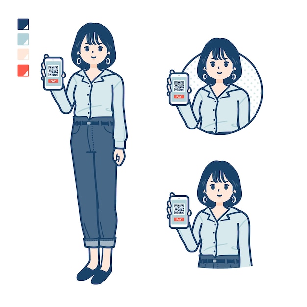 Young woman in an opencollared shirt with cashless payment on smartphone images