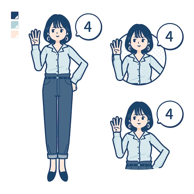 Young woman in an opencollared shirt with Counting as 4 images