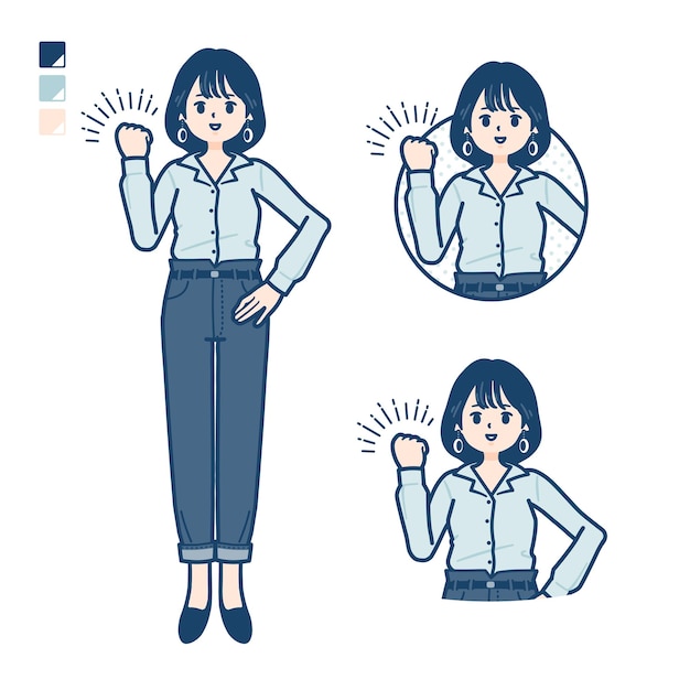 Young woman in an opencollared shirt with fist pump images