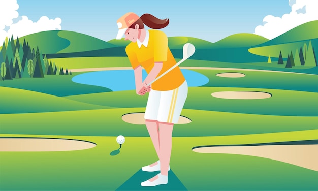 Young woman playing golf in the golf field wearing golf suits flat vector illustration