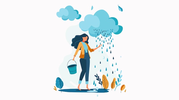 Vector young woman pouring water from bucket on cloud flat view