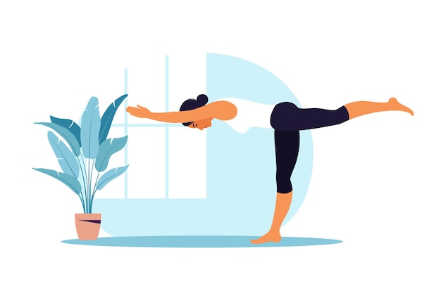 Young woman practices yoga. Physical and spiritual practice. illustration in flat cartoon style.