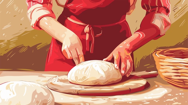 Vector young woman preparing dough for bread at table closeup