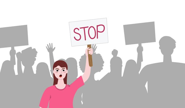 Young woman protesting with banner in front of many protestants shown as silhouettes