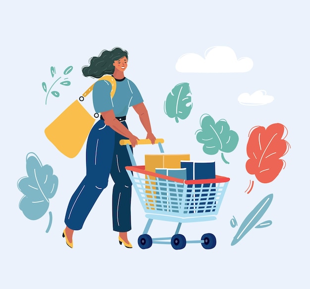 Young woman pushing supermarket shopping cart