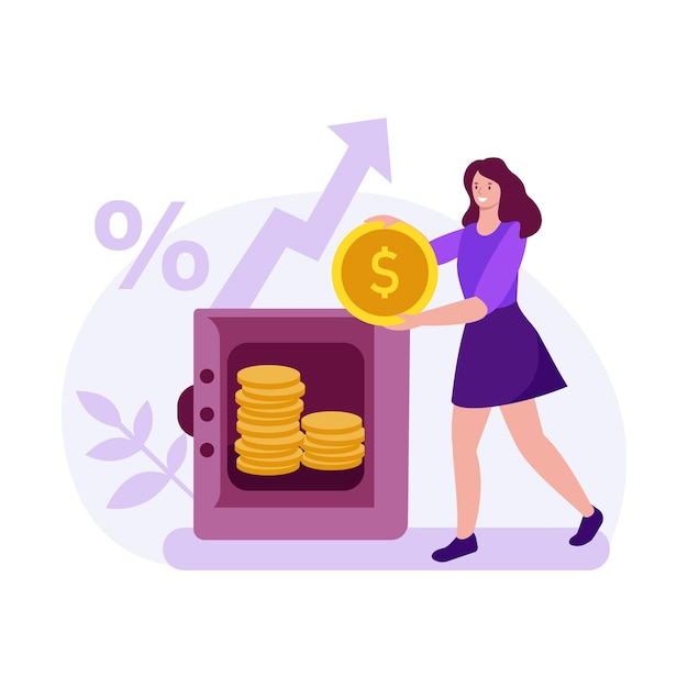 A young woman puts money into a deposit account Safe with coins interest income growth