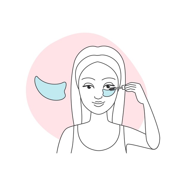 Vector young woman putting mascara on eyelashes using brush and stencil line icon