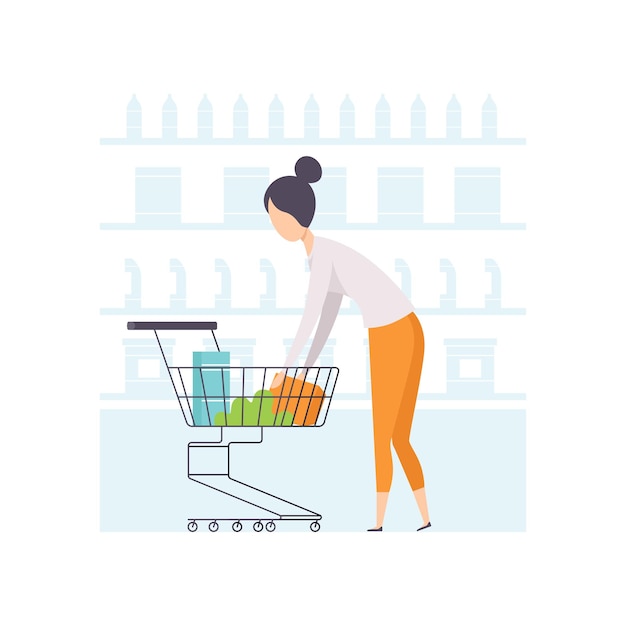 Young woman putting products in shopping cart girl shopping at supermarket vector Illustration isolated on a white background