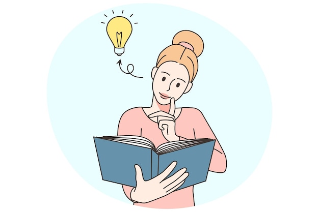 Young woman reading book get creative business idea Female engaged in reading generating innovation Knowledge and intelligence Vector illustration