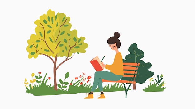 Young Woman Reading Book in Park Vector Illustration