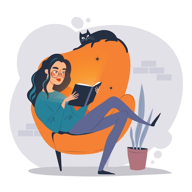 Young woman reading a book sitting in an armchair vector illustration