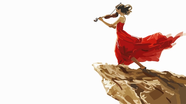 Vector young woman in red dress playing fife on edge of rock