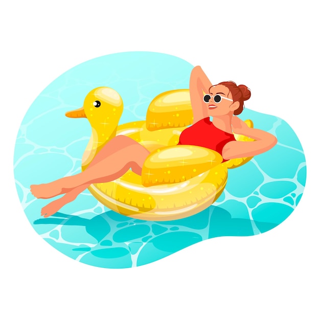 Young woman in red swimsuit lies on inflatable swimming circle in shape of yellow duck Girl in sunglasses with beautiful legs chilling in blue water hotel pool Summer time relax Vector illustration