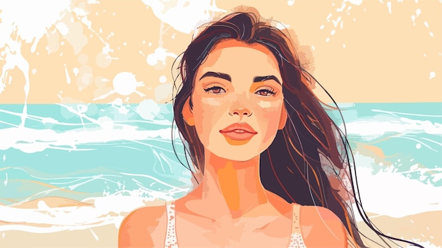 Vector young woman relaxing on beach handdrawn vector illustration