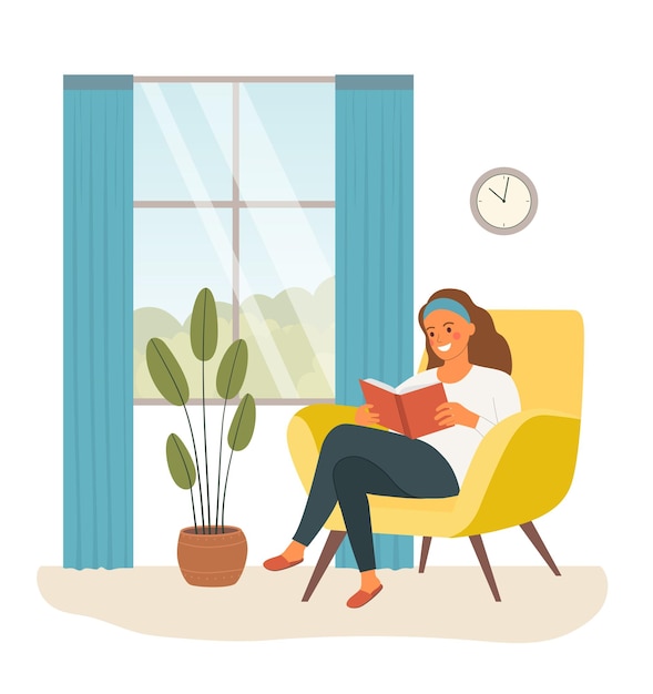 Young woman relaxing on chair reading book by the window Vector flat illustration