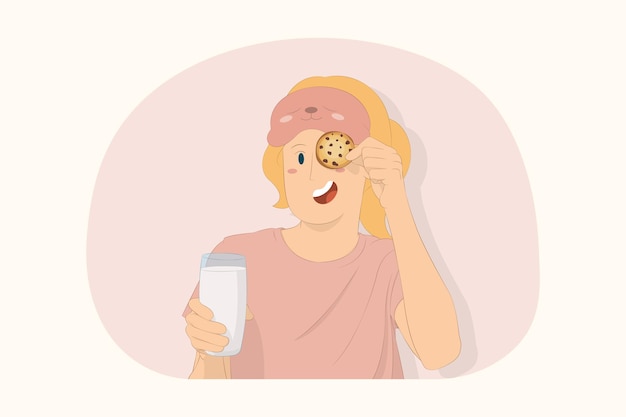 Young woman relaxing at home hold glass of milk cover eye with cookie concept