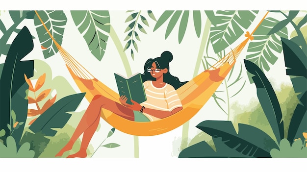 Vector young woman relaxing in yellow hammock leisure concept