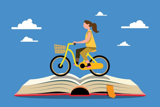 Vector a young woman rides a bicycle to an academy to educate at school. education is like going on a journey around the world. flat vector illustration design