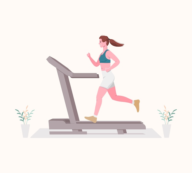 Young woman running on a treadmill. Indoor sport concept.