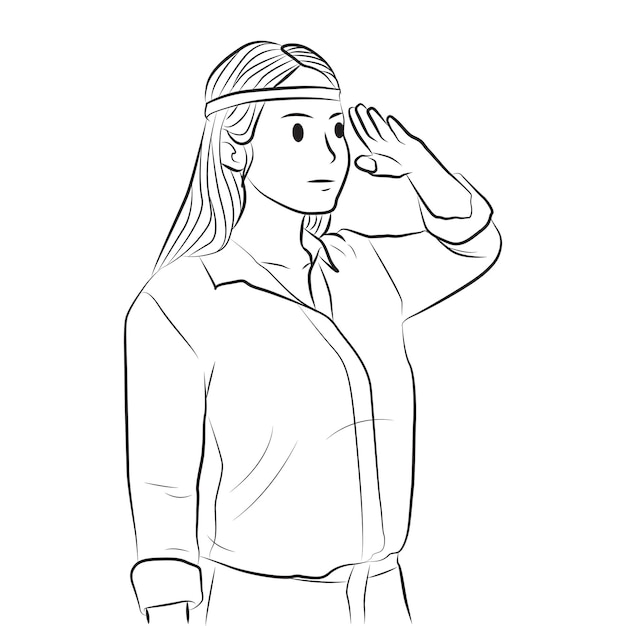 young woman salute gesture pose line cartoon illustration