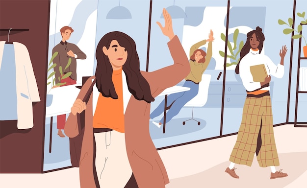 Young woman saying goodbye to colleagues and going home after end of work day in office. Female character leaving workplace. Everyday routine. Flat vector illustration.