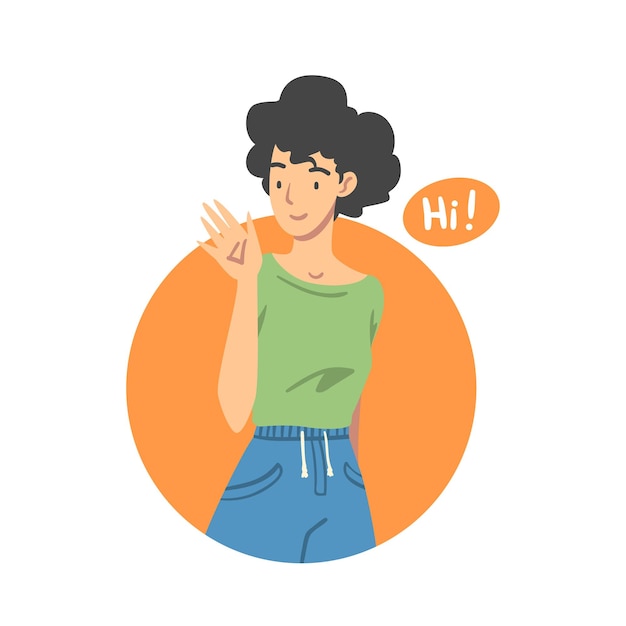 Vector young woman saying hello and showing hand greeting gesture vector illustration