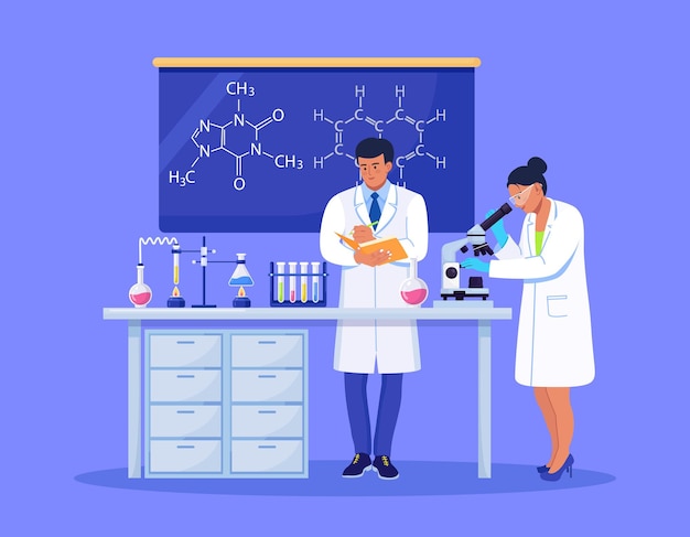 Young woman scientist looking through a microscope in a laboratory doing chemical research, microbiological analysis or medical test. Man with a folder writes down the results