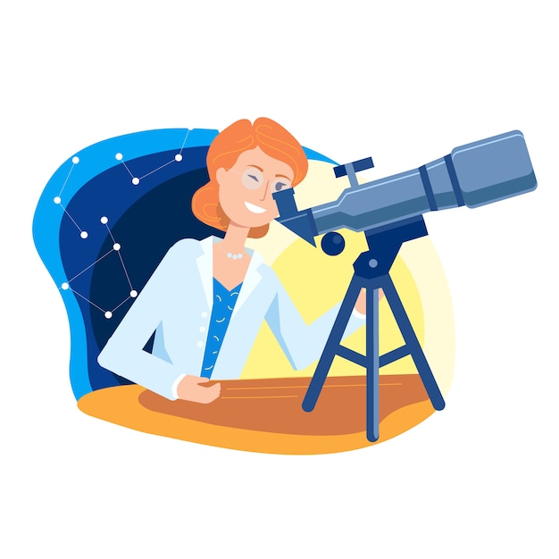 Young woman-scientist, watching the stars in a telescope 