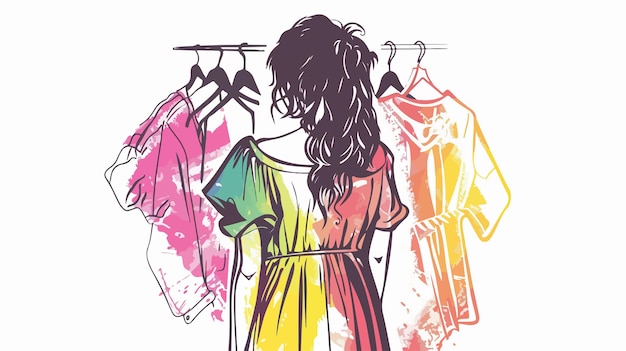 Vector young woman shopping and choosing clothes