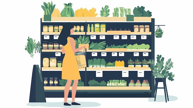 Vector young woman shopping at ecofriendly grocery store