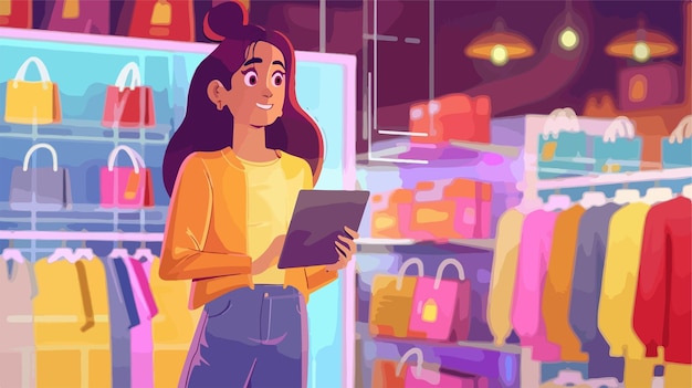 Vector young woman shopping online video concept