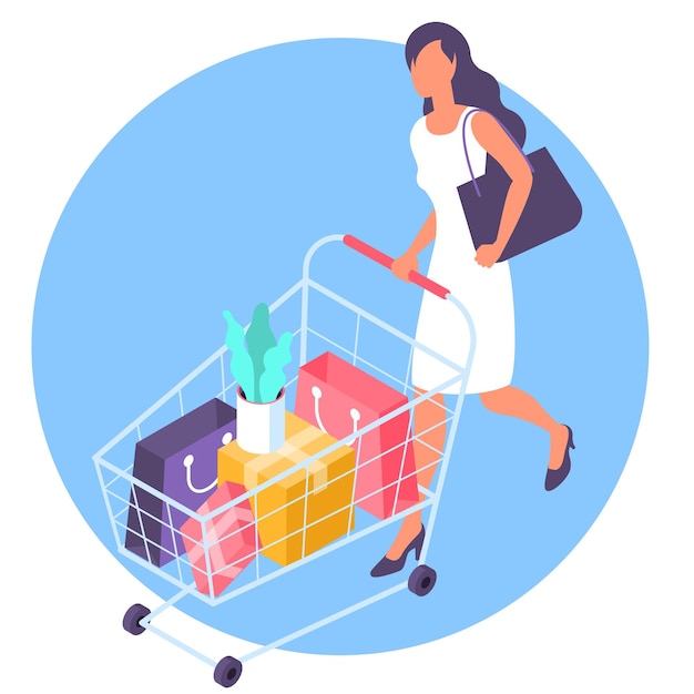 Young  woman at shopping with supermarket cart Flat desin isometric template concept