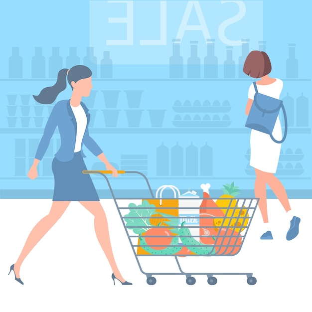 Young  woman at shopping with supermarket trolley Flat desin concept Ready for animation characters and design elements with shopping cart