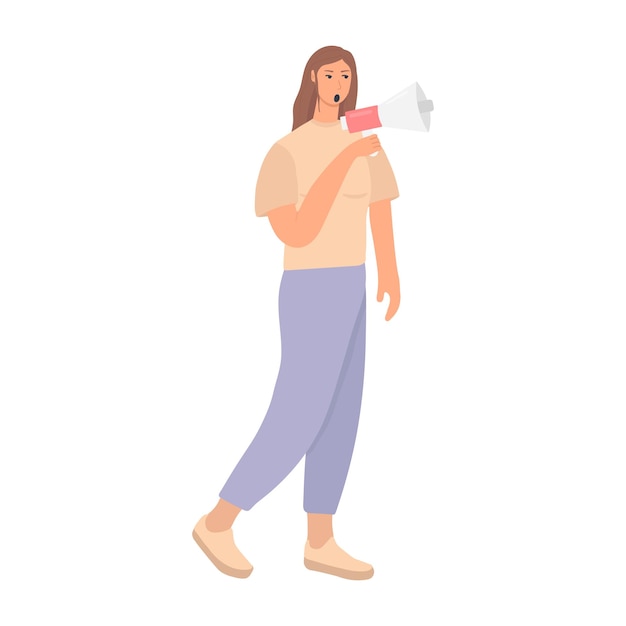 Young woman shouting through megaphone Women's rights concept Vector flat illustration